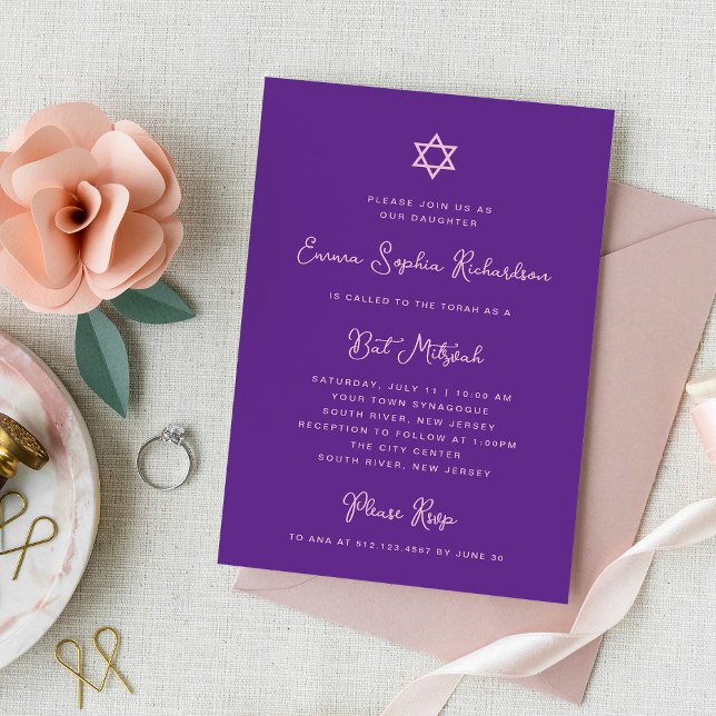 Convite Doce e Simples | Bat Mitzvah, roxo e rosa (Criador carregado)