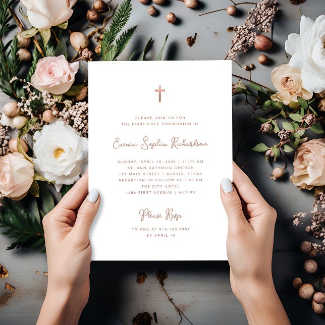 Convite Doce e Simples | Rosa Dourada Primeira Comunhão Sa (An elegant, faux rose gold First Holy Communion invitation)