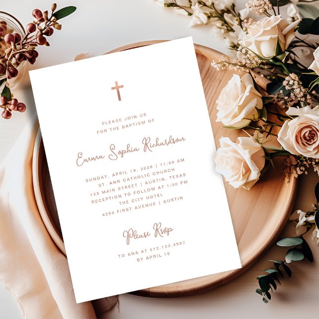 Convite Doce e Whimsical | Batismo Dourado a Rosa (An elegant, faux rose gold look Baptism invitation for your baby girl)