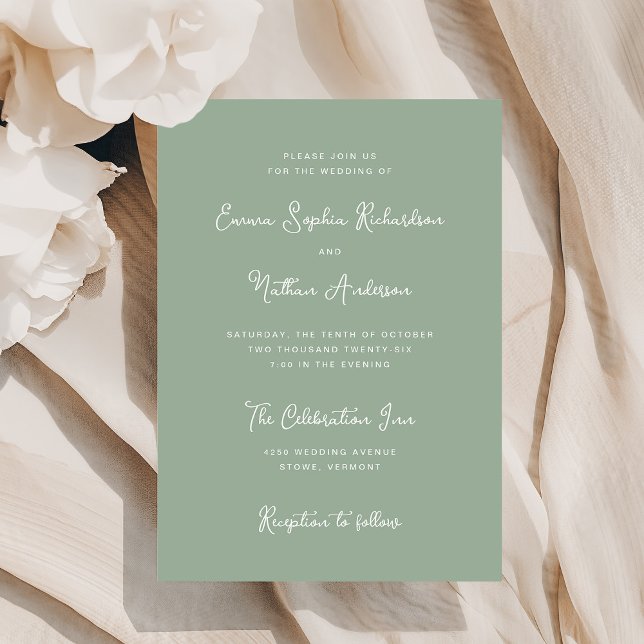 Convite Doce e Whimsical | Casamento de Ivory e Sage Green (A stylish, sage green wedding invitation with ivory text)