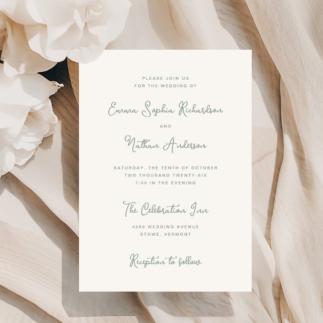 Convite Doce e Whimsical | Casamento de Ivory e Sage Green (A stylish, ivory cream colored invitation with trendy sage green typography)