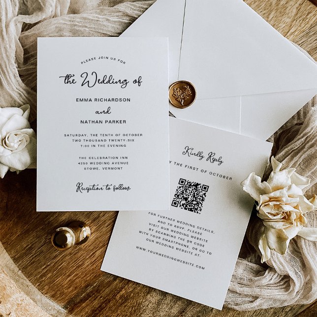 Convite Doce e Whimsical | Código QR e Casamento RSVP (A black in white, all in one wedding invitation with a QR code so guests can rsvp online)