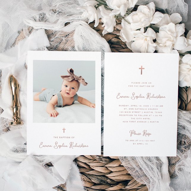 Convite Doce e Whimsical | Foto e Batismo Dourado Rosa (An elegant, whimsical rose gold look Baptism invitation with photo and a faux rose gold cross)
