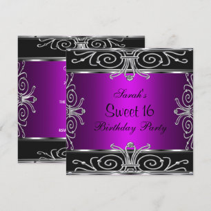 Convite Doce Elegante 16 Prata Negra Magenta de Aniversári