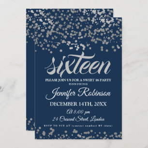 Convite Doce Elegante 16 Silver & Marinho Foil Confetti