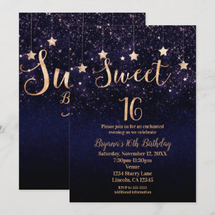 Convite Doce Estrela Noturna de 16 Anos Dourado Roxo Brilh