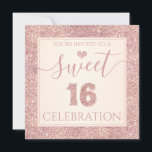 Convite Doce Festa de aniversário 16 com brilho Dourado<br><div class="desc">Convide seus 16 festas de aniversário convidados em estilo com este convite chic. Este design apresenta uma borda falsa de ouro rosa e uma tipografia moderna. Na frente do cartão lê-se "Você é Convidado para uma doce celebração 16" com sotaques de brilho no coração e o número 16. Na parte...</div>