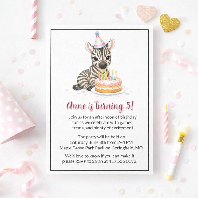 Convite Doce Festa de Aniversário da Zebra para Meninas (Criador carregado)