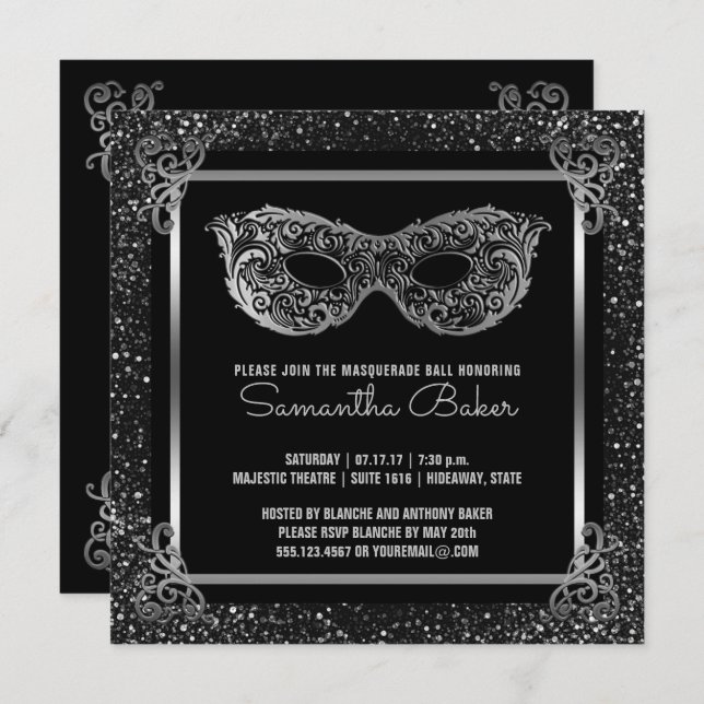 Convite Doce Festa de Mascarada 16| 16 prata doce (Frente/Verso)