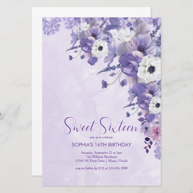 Convite Doce Floral de Lavanda Elegante Dezesseis (Frente/Verso)