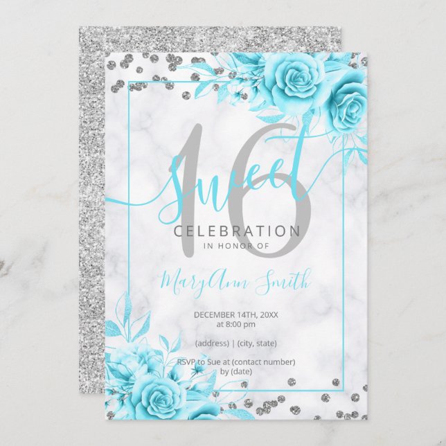 Convite Doce Floral De Teal De Prata 16 Marble Glitter   (Frente/Verso)