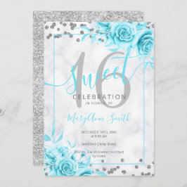 Convite Doce Floral De Teal De Prata 16 Marble Glitter