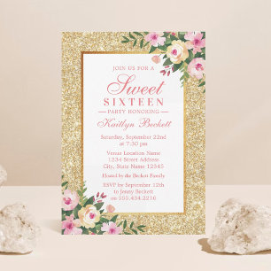 Convite Doce Floral Elegante Dourado 16 Aniversário