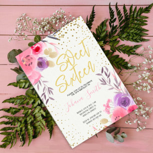 Convite Doce Floral Púrpura Rosa Dourado, Doce Sessenta An
