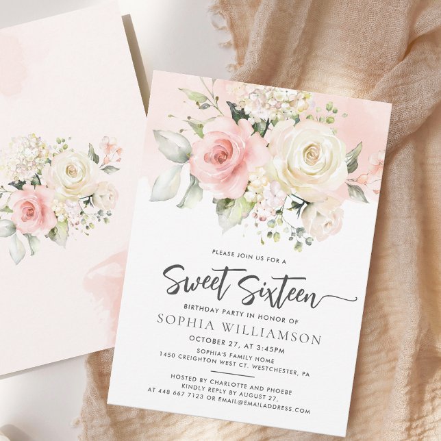 Convite Doce Floral Rosa 16 Festa de aniversário (Pink Floral Sweet Sixteen Script Modern Watercolor 16th Birthday Party Invitation)