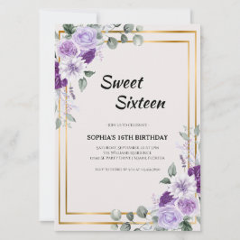 Convite Doce Floral Roxo Dezesseis com Quadro Dourado