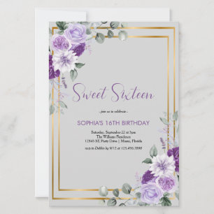 Convite Doce Floral Roxo Elegante Dezesseis Acentos Dourad