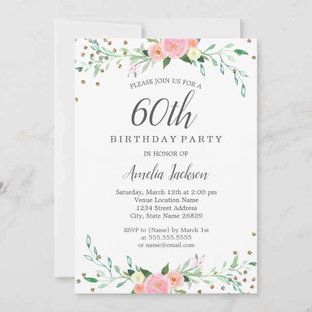 Convite Doce Floral Sparkle Confetti 60ª Festa de aniversá (Frente)