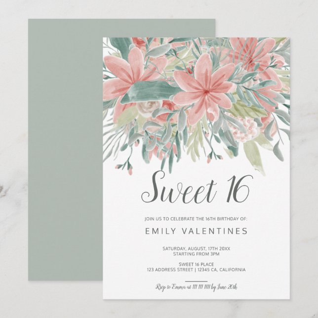 Convite Doce floral verde cor-de-rosa chique 16 da (Frente/Verso)