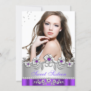 Convite Doce Foto de 16 Anos Roxo Prata Floral Jóia Festa