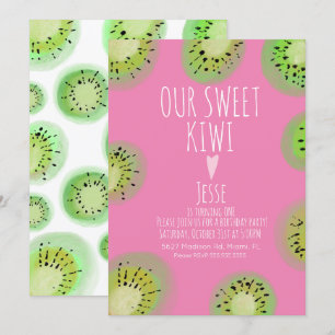 Convite Doce Fruta Kiwi Aniversário Aquarela Rosa Qualquer
