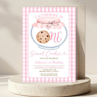 Convite Doce Garota Cookie Primeiro Aniversário Rosa Gingh