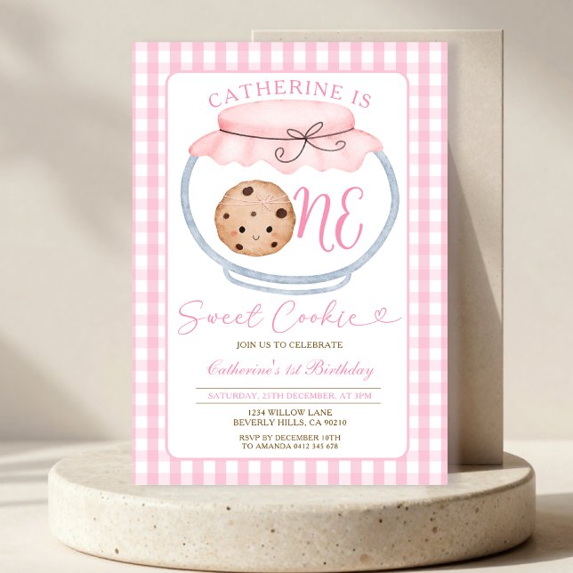 Convite Doce Garota Cookie Primeiro Aniversário Rosa Gingh (Criador carregado)