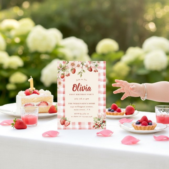 Convite Doce Gingham Floral de Morango Primeiro Aniversári (Criador carregado)