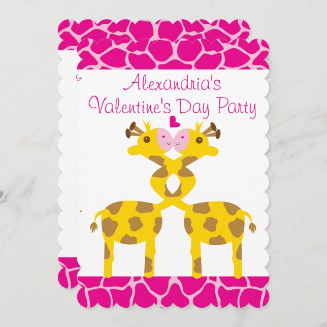 Convite Doce Girafas no Amor Festa de Namorados Rosa (Frente/Verso)