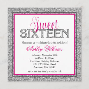 Convite Doce Glam 16 do rosa quente da prata do brilho do