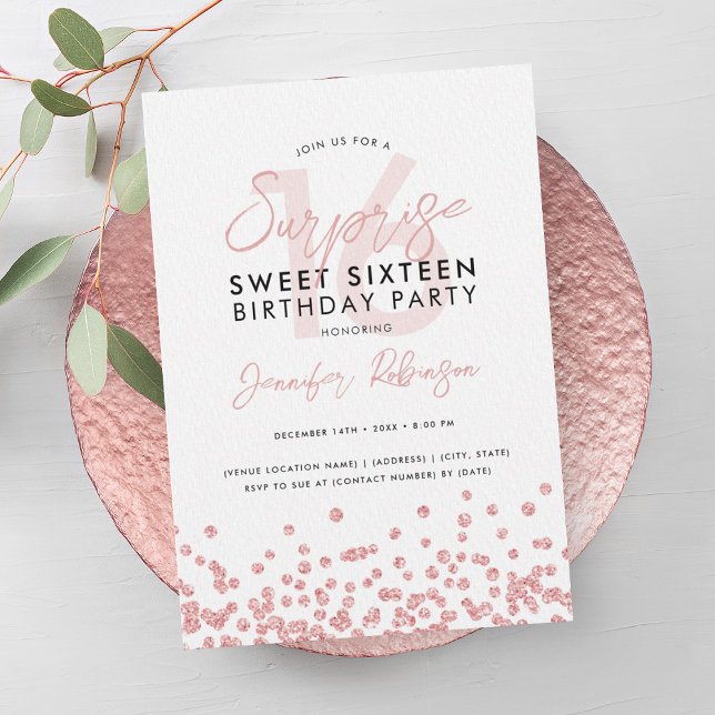 Convite Doce Glitter Confetti, Glitter Dourado, rosa 16 (Rose Gold Glitter Confetti Surprise Sweet 16 Invitation)