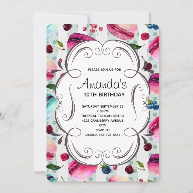 Convite Doce Macarons E Moldura Decorativa Aniversário (Frente)