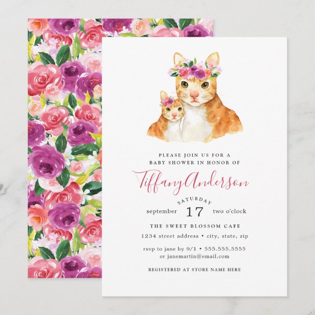 Convite Doce Mamãe e Gatinho Floral Chá de Bebê (Frente/Verso)