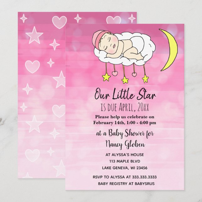 Convite Doce menina Bebê estrelas rosa e luas meninas (Frente/Verso)