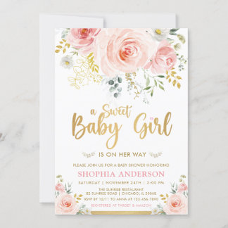 Convite Doce Menina Blush Dourado Chá de fraldas Floral Ro