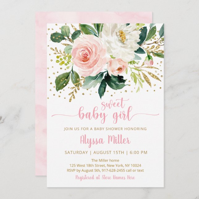 Convite Doce Menina Boho Dourado Rosa Floral (Frente/Verso)