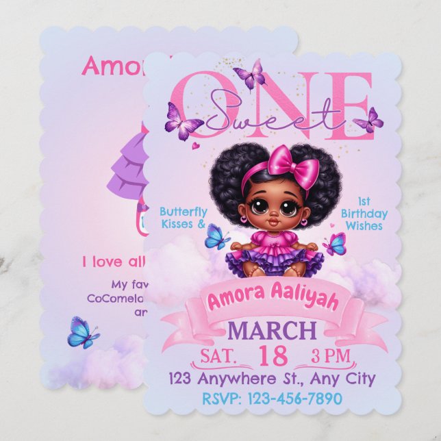 Convite Doce MENINA de Afro Puff de 1º Aniversário Borbole (Frente/Verso)