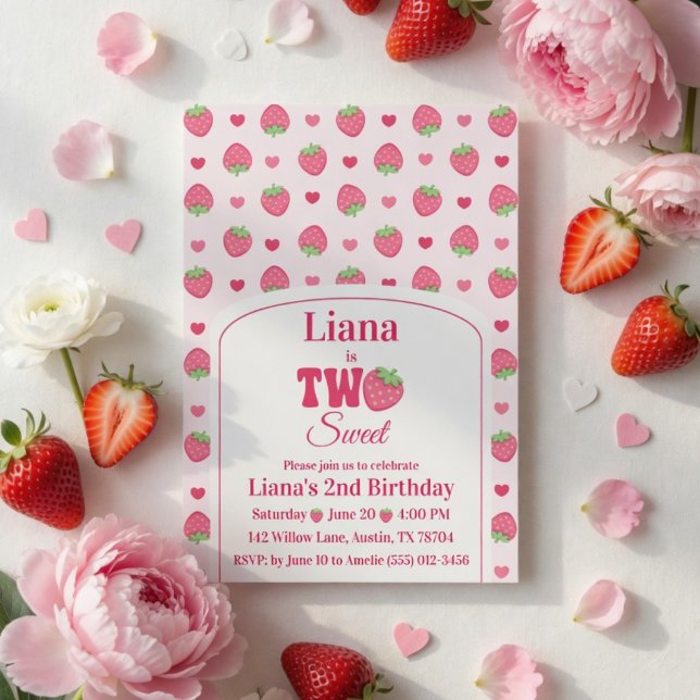 Convite Doce Menina Morango Rosa 2º Aniversário  (Criador carregado)