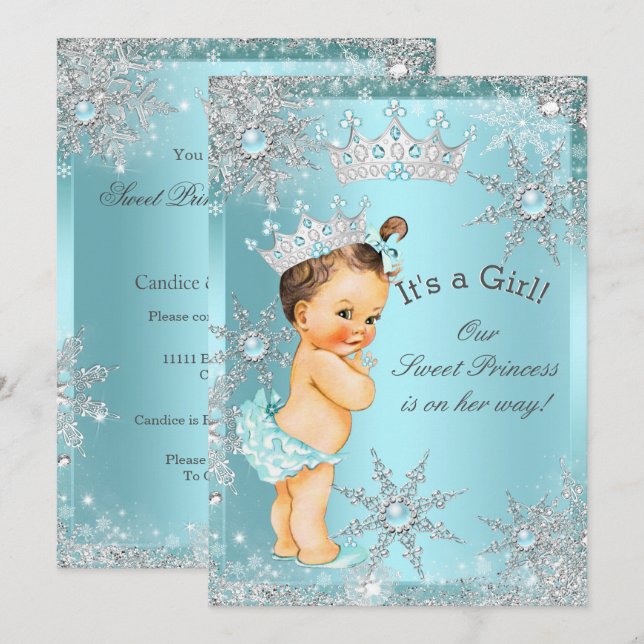 Convite Doce Menina Princesa Chá de Bebê Azul Brunette (Frente/Verso)
