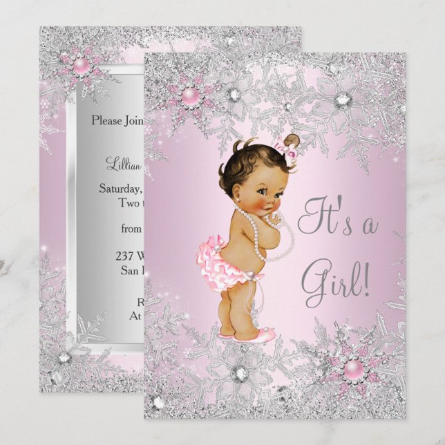 Convite Doce Menina Rosa Chuvada de Bebê Floco de Neve Inv (Frente/Verso)