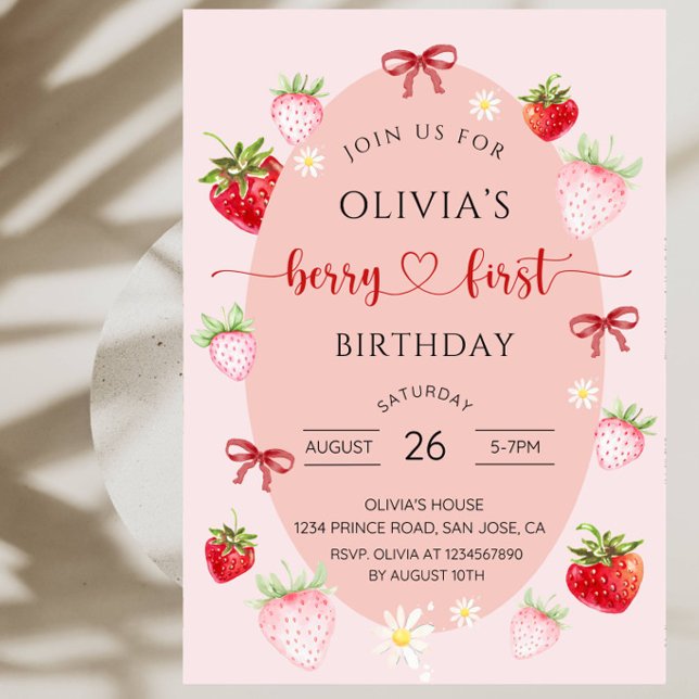 Convite Doce Morango Aniversário de 1 ano para Meninas  (Criador carregado)