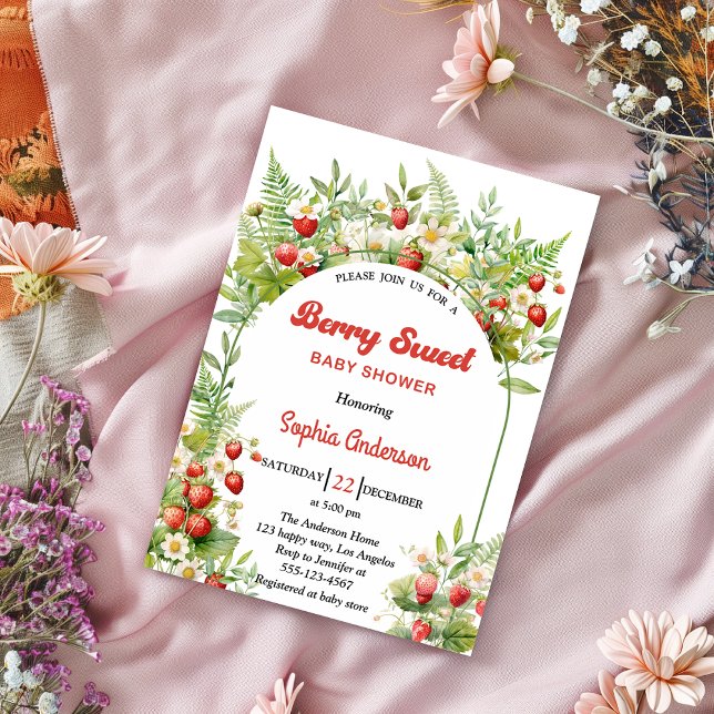 Convite Doce Morango Berry Sweet | Chá de Bebê Floral (Criador carregado)