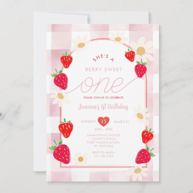 Convite Doce Morango Rosa Empoeirado Aniversário de Uma Be (Frente)