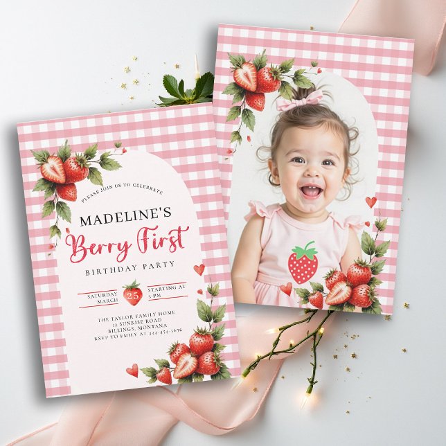 Convite Doce Morango Xadrez Foto Aniversário de 1 Ano (berry first birthday party photo invitation girls strawberry 1st watercolor summer farmhouse cottage)