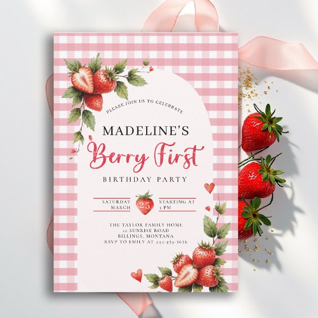 Convite Doce Morango Xadrez Verão 1º Aniversário (berry first birthday party invitation girls strawberry 1st watercolor summer farmhouse cottage patch)