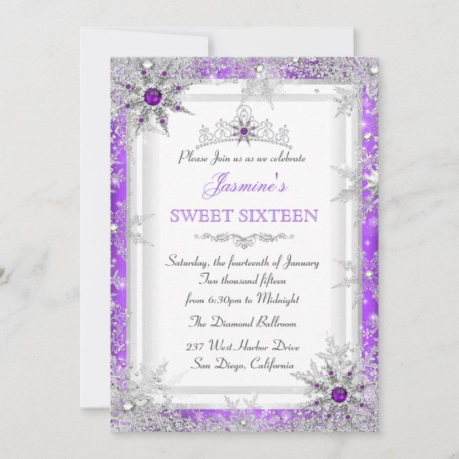 Convite Doce Natal de Inverno Prata Roxo 16 Floco de Neve (Frente)