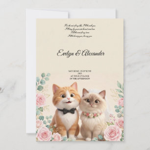 Convite Doce Noiva e Noivo Gato 3D em Creme para Casamento