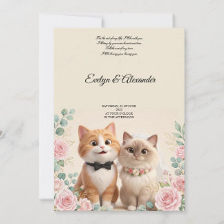 Convite Doce Noiva e Noivo Gato 3D em Creme para Casamento