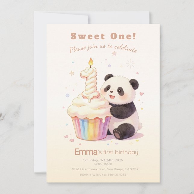 Convite Doce Panda de Pastel Aniversário de 1 ano (Frente)