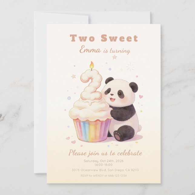 Convite Doce Panda de Pastel Aniversário de 2 anos (Frente)